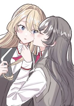 2girls asakage ashigaya_high_school_uniform black_hair blonde_hair blue_eyes blush bow bowtie braid closed_eyes clothes_grab commentary grabbing_another's_shirt grey_sweater_vest half_up_braid highres kiss kissing_cheek koto_satsuki long_hair multiple_girls ouzuka_mai parted_lips red_bow red_bowtie school_uniform shirt simple_background sweater_vest watashi_ga_koibito_ni_nareru_wake_naijan_murimuri! white_background white_shirt yuri