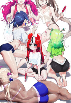 6+girls absurdres animal_ears antlers ass back bag barefoot blonde_hair blue_eyes blue_hair blush branch breasts brown_hair butt_crack camisole ceres_fauna cleavage crop_top dark-skinned_female dark_skin faceless faceless_female feet food ghdwid green_hair green_shirt hair_intakes hair_ornament hakos_baelz highres holocouncil hololive hololive_english horns indian irys_(hololive) large_breasts limiter_(tsukumo_sana) long_hair lying medium_breasts midriff mouse_ears mouse_girl multicolored_hair multiple_girls nanashi_mumei nape navel no_bra on_side open_mouth ouro_kronii planet_hair_ornament pointy_ears ponytail popsicle purple_hair red_hair shirt shopping_bag short_shorts shorts shoulder_blades smile soles streaked_hair tied_shirt tsukumo_sana twintails underboob very_long_hair virtual_youtuber