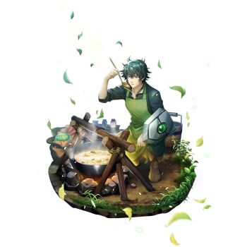 1boy ankle_boots apron artist_request bag black_hair black_shirt boots brown_boots bucket cabbage campfire carrot collarbone collared_shirt cooking cooking_pot falling_leaves food game_cg glint grass green_apron green_pants hair_between_eyes hand_up high_collar holding holding_ladle iwatani_naofumi jar ladle leaf legendary_shield_(small_shield)_(tate_no_yuusha_no_nariagari) legendary_shield_(tate_no_yuusha_no_nariagari) long_sleeves male_focus messy_hair official_alternate_costume official_art on_ground pants parted_lips pepper_(spice) potato salt shirt short_hair sidelocks sleeves_rolled_up solo soup squatting steam tasting tate_no_yuusha_no_nariagari tate_no_yuusha_no_nariagari_rerise wooden_bucket wooden_ladle