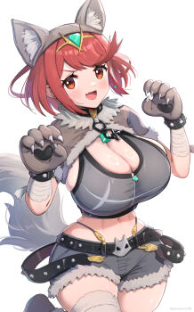 1girl absurdres alternate_costume animal_ears belt black_belt breasts cleavage crop_top earrings fake_animal_ears fake_tail floating_earrings gonzarez halloween halloween_costume highres jewelry large_breasts looking_at_viewer medium_hair navel open_mouth paw_pose pyra_(xenoblade) red_eyes short_shorts shorts sidelocks simple_background smile solo tail thighhighs white_background wolf_ears wolf_tail xenoblade_chronicles_(series) xenoblade_chronicles_2