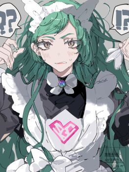 !? 1girl ? ?? apron black_romper blush bow bowtie brown_eyes green_hair highres lebanne_(pokemon) long_hair long_sleeves looking_at_viewer maid maid_apron maid_headdress mega_stone messy_hair nintendo parted_lips pokemon pokemon_legends:_z-a puffy_sleeves romper simple_background solo speech_bubble sweatdrop ume_(ume_445) upper_body white_bow white_bowtie