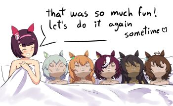 Rule 34 | 6+girls, ^ ^, agnes tachyon (umamusume), animal ears, black hair, blush, brown hair, closed eyes, commentary, covering privates, dark-skinned female, dark skin, dehydrated, ear covers, ear ornament, emaciated, english commentary, english text, eyepatch, grey hair, guy tired after sex (meme), hair between eyes, hairband, harem, head on pillow, heladomagnum, highres, horse ears, implied after sex, long hair, lying, meme, multicolored hair, multiple girls, nishino flower (umamusume), nude, nude cover, on back, one eye covered, open mouth, orange hair, parted lips, pillow, purple hair, seiun sky (umamusume), short hair, single ear cover, sitting, smile, sunken cheeks, symboli kris s (umamusume), taiki shuttle (umamusume), tanino gimlet (umamusume), two-tone hair, umamusume, under covers, white hair, yuri
