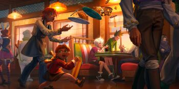 absurdres animal_ears apron blunt_bangs booth_seating braid bread bread_slice character_request chef_hat child croissant crossed_arms diner dropped_food dropping food fried_egg hat highres hunter_x_hunter long_sleeves multiple_boys multiple_girls open_mouth pants rabbit_ears red_hair restaurant running shannon_xie shoes short_hair shorts sitting skirt socks striped_clothes striped_socks table toast twin_braids walking white_hair window