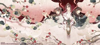 bird black_eyes black_hair black_hanfu boat branch brown_hair character_request cherry_blossoms chinese_clothes closed_eyes commentary english_commentary flower gu_mang hanfu high_ponytail highres layered_clothes long_hair long_sleeves looking_at_viewer male_focus mo_xi_(yuwu) multiple_boys object_floating_above_hand official_art open_mouth petals pink_theme ponytail red_flower ribbon ripples sitting standing suto_(sakumaaritsu) topknot water watercraft white_bird white_flower white_hanfu white_ribbon wide_sleeves yuwu