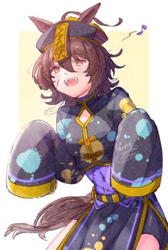 1girl :d agnes_tachyon_(umamusume) animal_ears bike_shorts black_dress brown_hair china_dress chinese_clothes commentary_request covered_navel cowboy_shot dress eighth_note hair_between_eyes hat highres horse_ears horse_girl horse_tail ittokyu jiangshi_costume long_sleeves looking_at_viewer musical_note ofuda ofuda_on_clothes open_mouth qingdai_guanmao red_eyes short_hair signature sleeves_past_fingers sleeves_past_wrists smile solo stitched_face stitches tail teeth umamusume upper_teeth_only
