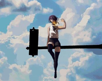 Rule 34 | 1girl, absurdres, bare shoulders, black choker, black shorts, black thighhighs, chainsaw man, choker, closed mouth, cloud, cloudy sky, commentary, day, english commentary, explosion, from below, full body, hair over eyes, highres, purple hair, reze (chainsaw man), shirt, short hair, shorts, sitting, sky, sleeveless, sleeveless shirt, thighhighs, traffic light, white shirt, zettai ryouiki