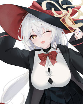 1girl :d absurdres adjusting_clothes adjusting_headwear arms_up black_hat black_shirt black_skirt blue_archive bow bowtie braid breasts bursting_breasts buttons card collared_shirt crossed_bangs eri_(blue_archive) hair_between_eyes hat hat_ribbon highres holding holding_card hood hooded_jacket jacket jewelry large_breasts layered_shirt leaning_forward long_hair looking_at_viewer low_ponytail multiple_rings one_eye_closed open_clothes open_jacket open_mouth pleated_skirt ponytail red_bow red_bowtie red_ribbon ribbon ring shirt side_braid single_braid skirt smile solo standing upper_body white_hair white_shirt witch_hat yellow_eyes yuuca