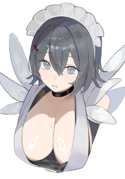 1girl bare_shoulders black_hair blue_eyes breasts cleavage iroha_(samurai_spirits) large_breasts levvellevvel maid_headdress samurai_spirits short_hair simple_background solo upper_body white_background