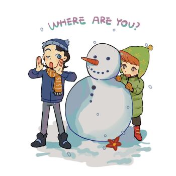 1boy 1girl beanie black_hair blue_eyes boots brother_and_sister carrot coat commentary elijah_douchnov elisa_douchnov english_commentary gloves green_coat hat jacket male_focus mittens multiple_boys my_student_spirit nadamxd_0o0 one_eye_closed open_mouth orange_scarf scarf siblings smile snow snowball snowman winter_clothes