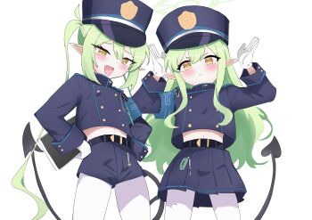 :&lt; absurdres armband black_tail blue_archive blue_armband buttons cowboy_shot demon_tail fang from_below gloves green_hair green_halo halo hat high_collar highres hikari_(blue_archive) loli long_hair long_sleeves looking_at_viewer looking_down making_faces midriff miniskirt navel nozomi_(blue_archive) open_mouth pantyhose peaked_cap pointy_ears shamp91174499 short_shorts shorts siblings sidelocks simple_background sisters skin_fang skirt skirt_set tail train_conductor twins twintails very_long_hair white_background white_gloves white_pantyhose yellow_eyes
