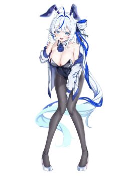 1girl absurdly_long_hair animal_ears aokumo_rin bare_shoulders black_leotard black_pantyhose blue_eyes blue_hair breasts cleavage detached_collar fake_animal_ears full_body gloves gradient_hair ha_en hand_up hashtag-only_commentary high_heels highres jacket large_breasts leaning_forward leotard long_hair looking_at_viewer multicolored_hair open_clothes open_jacket open_mouth pantyhose playboy_bunny rabbit_ears shoes simple_background smile solo standing stellive streaked_hair teeth thick_eyelashes upper_teeth_only very_long_hair virtual_youtuber white_background white_gloves white_hair white_jacket white_shoes wing_collar