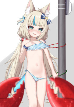 1girl absurdres animal_ear_fluff animal_ears azunyart bdsm bicycle_lock bikini blonde_hair blue_bikini blue_bow blue_hair blue_scrunchie blurry blurry_foreground blush bondage bound bow cat_ears crab fins fish_girl fish_tail flat_chest green_eyes hair_bow hair_ornament highres holding indie_virtual_youtuber lifebuoy_hair_ornament long_hair looking_at_viewer low_twintails multicolored_hair navel nose_blush open_mouth predicament_bondage sameko_saba scrunchie side-tie_bikini_bottom solo star_(symbol) star_hair_ornament streaked_hair striped_bikini striped_bow striped_clothes swimsuit tail twintails two-tone_hair very_long_hair virtual_youtuber wrist_scrunchie