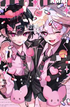Rule 34 | 2boys, bandaid, bandaid on face, bandaid on leg, bandaid on neck, black nails, cake, collared shirt, commentary, food, from above, hand on another's shoulder, heart, heart-shaped pupils, highres, kaminoq, looking at viewer, male focus, multiple boys, necktie, one eye closed, open mouth, original, piercing, pill, pointy ears, shirt, shorts, sparkle, symbol-shaped pupils, tongue, tongue out, tongue piercing, untranslatable commentary