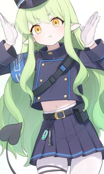 1girl blue_archive blush gloves green_hair hikari_(blue_archive) looking_at_viewer moyashi_dorobou pantyhose school_uniform simple_background solo white_background white_gloves white_pantyhose yellow_eyes