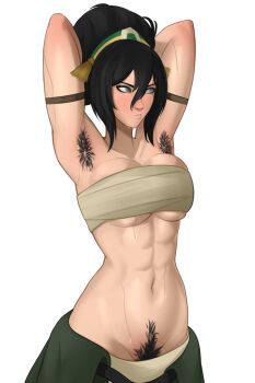 1girl abs armband armpit_crease armpit_focus armpit_hair armpits arms_behind_head arms_up avatar:_the_last_airbender avatar_legends black_hair blind blush breasts female_focus female_pubic_hair green_skirt grey_eyes hairy headband large_breasts mavexion muscular muscular_female navel navel_hair no_bra pubic_hair skirt strapless stretching sweat sweatdrop toned toned_female toned_stomach toph_beifong tube_top