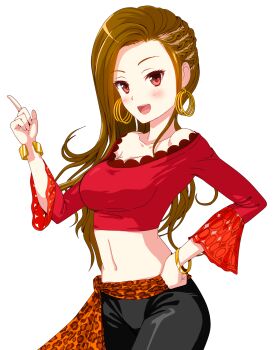 Rule 34 | 1girl, :d, animal print, bare shoulders, black pants, bracelet, braid, breasts, brown hair, cleavage, collarbone, cowboy shot, earrings, game cg, gold bracelet, hand on own hip, highres, hoop earrings, idol wars, index finger raised, jewelry, kanako (idol wars), leopard print, long hair, looking at viewer, medium breasts, midriff, multiple braids, navel, off-shoulder shirt, off shoulder, official art, open mouth, orange sash, pants, print sash, red eyes, red shirt, sash, second-party source, shirt, simple background, smile, solo, teeth, transparent background, upper teeth only