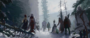 4boys 4girls absurdres backless_dress backless_outfit black_coat black_hair black_pants blonde_hair boots character_request coat coat_on_shoulders code_vein dress eva_roux from_behind full_body fur_hat hair_between_eyes hat highres holding holding_polearm holding_weapon io_(code_vein) jack_rutherford long_hair long_sleeves louis_(code_vein) mia_karnstein multiple_boys multiple_girls nagaoka_kihei outdoors pants papakha pine_tree polearm red_boots red_coat red_dress snow tree weapon white_coat white_dress white_hair winter yakumo_(code_vein)