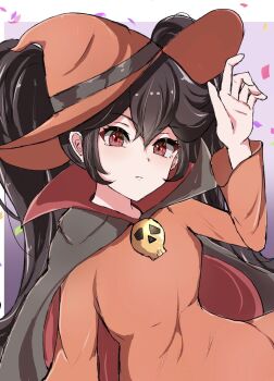 1girl ashley_(warioware) ayaka_00709 black_cape cape closed_mouth confetti dress hair_between_eyes hat highres long_hair long_sleeves looking_at_viewer nintendo official_alternate_costume orange_dress orange_hat red_cape red_eyes skull_ornament solo two-tone_cape warioware witch_hat