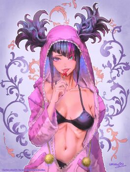 1girl asymmetrical_bangs bra breasts candy collarbone food hair_through_hood han_juri highres holding holding_candy holding_food holding_lollipop licking lollipop mitsu_plus multicolored_hair navel official_alternate_costume onesie panties panty_peek purple_hair purple_streaks solo stomach streaked_hair street_fighter street_fighter_6 twintails underwear unzipped