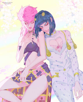1boy 1girl absurdres bob_cut breasts bruno_bucciarati closed_eyes commentary copyright_name english_commentary highres jojo_no_kimyou_na_bouken math pink_hair short_hair trish_una veela vento_aureo