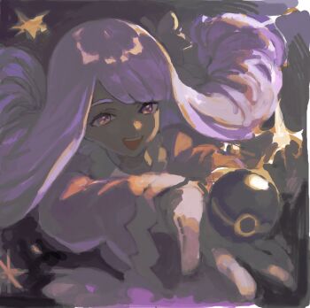 1girl dark-skinned_female dark_skin dress gloves hand_up holding holding_poke_ball jacinthe_(pokemon) juliet_sleeves long_hair long_sleeves looking_at_viewer luxury_ball nintendo open_mouth outstretched_arm poke_ball pokemon pokemon_legends:_z-a puffy_sleeves purple_dress purple_eyes purple_hair shinpu_(oresinpu) smile solo teeth upper_body upper_teeth_only very_dark_skin white_gloves