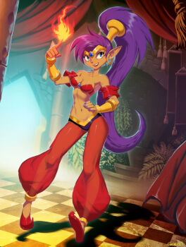 Rule 34 | 1girl, bare shoulders, blue eyes, breasts, checkered floor, cleavage, dark-skinned female, dark skin, earrings, female focus, fire, floor, genzoman, hand on own hip, harem pants, high ponytail, jewelry, long hair, lots of jewelry, navel, pants, pointy ears, ponytail, purple hair, see-through clothes, shantae, shantae (series), smile, solo, very long hair, wayforward