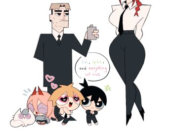 2girls 3boys anger_vein animal animal_ears animal_nose arm_behind_back arms_behind_back black_eyes black_footwear black_hair black_jacket black_necktie black_pants blonde_hair blue_eyes blue_jacket braid breasts cartoonized cat cat_ears cat_tail chainsaw_man chibi claireiosity closed_eyes closed_mouth collared_shirt commentary crossed_arms demon_girl demon_horns denji_(chainsaw_man) earclip english_commentary english_text facial_hair formal_clothes full_body hair_between_eyes half-closed_eyes hands_up hayakawa_aki heart heart-shaped_pupils high_heels highres horns jacket kishibe_(chainsaw_man) large_breasts leg_up long_hair long_sleeves looking_at_another makima_(chainsaw_man) meowy_(chainsaw_man) multiple_boys multiple_girls necktie notice_lines open_mouth own_hands_together pants parody pet petting pink_eyes pink_hair power_(chainsaw_man) powerpuff_girls red_footwear red_hair scar shirt shoes short_hair sidelocks simple_background sitting smile standing standing_on_one_leg style_parody suit symbol-shaped_pupils tail thick_thighs thighs tongue toon_(style) topknot white_background white_cat white_footwear white_shirt