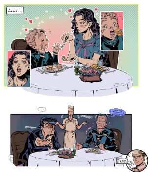 1girl 4boys black_hair blush couple diamond_wa_kudakenai eating feeding flower fork higashikata_josuke hirose_koichi holding holding_fork jojo_no_kimyou_na_bouken multiple_boys nijimura_okuyasu open_mouth plate table tmblyeet tongue tonio_trussardi yamagishi_yukako