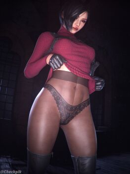 1girl 3d abs absurdres ada_wong black_boots black_eyeshadow black_gloves black_hair black_panties boots brown_eyes brown_pantyhose checkpik chest_harness clothes_lift cowboy_shot dress dress_lift eyeshadow gloves harness highres holster indoors lace lace_panties lifting_own_clothes makeup navel panties pantyhose parted_lips pussy red_dress red_lips resident_evil resident_evil_4 resident_evil_4_(remake) see-through_clothes see-through_panties see-through_pantyhose short_hair solo standing stomach sweater sweater_dress thigh_boots underwear