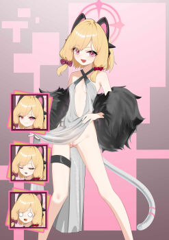 1girl absurdres alternate_costume animal_ear_headphones animal_ears bar_censor bare_shoulders blonde_hair blue_archive bow breasts breasts_apart cat_ear_headphones cat_ears cat_tail censored chinese_commentary clitoral_hood clothes_lift commentary_request cowboy_shot criss-cross_halter dress evening_gown fake_animal_ears hair_bow halo halter_dress halterneck headphones highres legs_apart lifting_own_clothes loli looking_at_viewer marshal_(artist) mechanical_tail medium_hair momoi_(blue_archive) multiple_expressions no_panties open_mouth pelvic_curtain pelvic_curtain_lift pink_eyes pussy red_bow silver_dress small_breasts smile standing tail thigh_gap thigh_strap