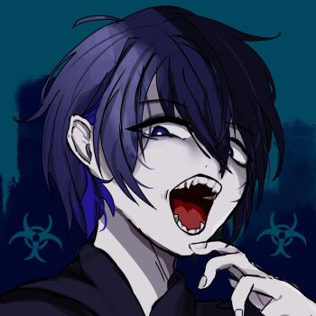1boy ado_(utaite) biohazard_symbol black_hair black_hoodie blue_eyes blue_hair chando_(ado) chando_(ado)_(cosplay) cosplay fangs highres hood hoodie mole mole_under_eye multicolored_hair non-web_source open_mouth original ran_(ranzo) sharp_teeth solo teeth