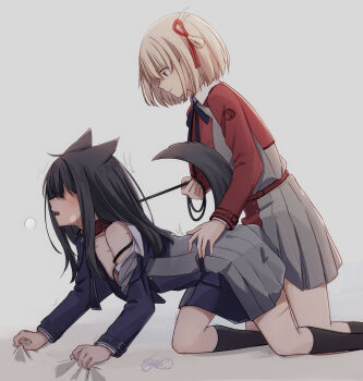 2girls absurdres animal_ears bdsm bite_mark bite_mark_on_shoulder black_socks blonde_hair blue_dress blue_ribbon blush collar commentary_request dog_ears dog_girl dog_tail dress femdom grey_background hair_ribbon hand_on_another's_waist hickey highres holding holding_leash inoue_takina kage_ochi kemonomimi_mode kneehighs leash long_sleeves lycoris_recoil lycoris_uniform multiple_girls neck_ribbon nishikigi_chisato off_shoulder open_mouth parted_lips red_dress red_eyes red_ribbon ribbon short_hair simple_background slave smile socks tail yuri