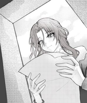 1girl closed_mouth cloud cloudy_sky door from_below greyscale hands_up highres holding holding_paper long_hair monochrome paper pipi_duan reading reverse:1999 sentinel_(reverse:1999) sky smile solo upper_body