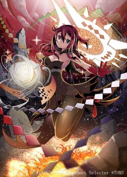 1girl black_dress black_pantyhose closed_mouth copyright_notice dress gloves hair_flaps high_heels kei_s01 looking_at_viewer medium_hair official_art pantyhose red_eyes red_gloves red_hair red_shoes shoes sidelocks smile solo wixoss