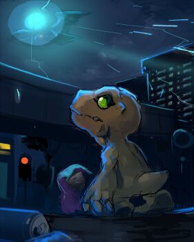 Rule 34 | 1girl, absurdres, agumon, baby, city, digimon, digimon (creature), digimon adventure, digimon adventure (1999 movie), dinosaur, green eyes, highres, lizard, looking up, night, parrotmon, sinobali, sketch, yagami hikari