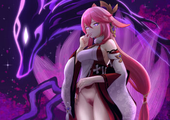 1girl absurdres animal_ears breasts bright_pupils cherry_blossoms clothing_aside colored_pubic_hair commentary cowboy_shot detached_sleeves earrings english_commentary female_pubic_hair fingernails floppy_ears fox_ears fox_girl fox_tail genshin_impact glowing glowing_eyes groin hair_between_eyes hair_ornament hand_to_own_mouth highres japanese_clothes jewelry kitsune long_hair looking_at_viewer low-tied_long_hair luizhtx medium_breasts miko multiple_tails nail_polish no_panties pink_hair pink_nails pink_pubic_hair priestess pubic_hair purple_background purple_eyes purple_pupils purple_tail self_exposure sideboob slit_pupils solo spirit tail twitter_username vision_(genshin_impact) wide_sleeves yae_miko