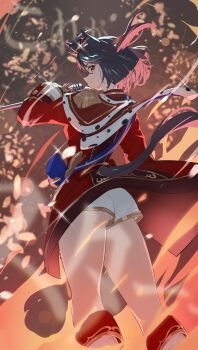 1girl absurdres animal_ears ass award_ribbon black_hair blue_bow bow closed_mouth clothing_cutout commentary_request crown ear_ornament ear_through_crown epaulettes fiery_aura from_behind highres holding holding_microphone horse_ears horse_girl horse_tail jacket kitasan_black_(final_bloom)_(umamusume) kitasan_black_(umamusume) long_sleeves looking_at_viewer microphone mini_crown multicolored_hair official_alternate_costume red_eyes red_jacket sash short_hair short_shorts shorts shoulder_sash single_epaulette smile solo sparkle standing streaked_hair tail tail_through_clothes thighs two_side_up umamusume waist_bow white_hair white_shorts yakousei_a