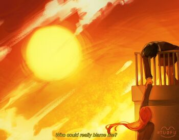 2girls alien_stage artist_name attempted_suicide black_hair black_jacket commentary english_commentary english_text highres holding_hands jacket long_hair mizi_(alien_stage) multiple_girls orange_sky pink_hair railing school_uniform short_hair sky sua_(alien_stage) subtitled sun tuofu