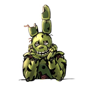 1boy animal_ears animatronic cable commentary ears_up elbow_rest english_commentary exposed_muscle five_nights_at_freddy's hands_on_own_chin head_rest looking_at_viewer male_focus rabbit_ears sidelighting solo springtrap teeth upper_body white_background white_eyes xxfaylinnxx