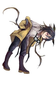 1girl animal_ears black_boots black_hair black_pants boots brown_eyes brown_hair closed_mouth coat collared_shirt commentary_request ear_covers goggles goggles_around_neck gradient_eyes hair_between_eyes hands_in_pockets horse_ears horse_girl horse_tail leaning_forward long_hair long_sleeves looking_at_viewer multicolored_eyes multicolored_hair pants purple_eyes shirt simple_background smile solo stay_gold_(umamusume) streaked_hair tail umamusume white_background white_hair white_shirt yanagi_wakana yellow_coat