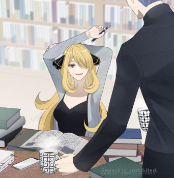 1boy 1girl black_nails blonde_hair book chair closed_mouth cup cynthia_(pokemon) elbows_on_table grey_eyes hair_ornament hair_over_one_eye hand_on_own_head highres holding holding_cup holding_pen leaning_on_table long_hair mug nintendo notebook pen pokemon pokemon_dppt sakaralalala signature sitting smile smoke table very_long_hair wardrobe