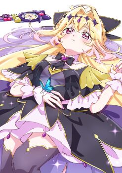 1girl antenna_hair azuma_rui black_bow black_dress black_necktie blonde_hair blue_butterfly blush bow braid brooch bug butterfly butterfly_on_hand closed_mouth commentary_request cure_arcana_shadow dress earrings fingernails gradient_hair hair_between_eyes hair_intakes hair_ornament half_up_braid heart heart_brooch highres insect jewelry long_hair looking_at_viewer lying magical_girl meitantei_precure! moria_luluka multicolored_hair nail_polish necktie on_back pink_eyes pink_hair precure purple_nails purple_veil rod solo tear_arcana_rod veil wand