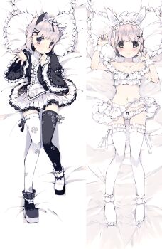 1girl animal_ear_hairband animal_ears asymmetrical_footwear asymmetrical_legwear bed_sheet black_dress black_thighhighs blush bra cat_ears colored_shoe_soles dakimakura_(medium) dress fake_animal_ears frilled_dress frilled_hairband frilled_sleeves frilled_thighhighs frills ganges_gawa grey_eyes hairband highres juliet_sleeves light_smile long_sleeves looking_at_viewer lying mismatched_footwear mismatched_legwear multiple_views on_back original outstretched_arm outstretched_hand panties pillow pleated_skirt puffy_sleeves rabbit_ear_hairband rabbit_ears shoes short_hair skirt thighhighs underwear white_bra white_hair white_panties white_skirt white_thighhighs wide_sleeves wrist_cuffs