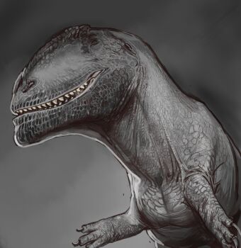 Rule 34 | colored skin, dinosaur, gigachad (meme), giganotosaurus, grey skin, highres, meme, mossacannibalis, original, prehistoric animal, pun, sharp teeth, smile, teeth, theropod