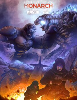 1boy 1girl activision aircraft airplane ape assault_rifle atomic_breath b-25 b-25_mitchell blue_eyes call_of_duty call_of_duty:_vanguard call_of_duty:_warzone cloud cloudy_sky crossover dark-skinned_female dark-skinned_male dark_skin dinosaur energy english_text explosion explosive fangs fire florence_carter giant giant_monster gills glowing glowing_eyes glowing_gills glowing_mouth glowing_spikes glowing_throat godzilla godzilla_(series) godzilla_vs._kong gorilla grenade gun hand_grenade highres infinity_ward kaiju king_kong king_kong_(series) legendary_pictures less-than-lethal_weapon m18_smoke_grenade mateo_hernandez monster monsterverse multiple_boys multiple_crossover muscular muscular_male night no_pupils open_mouth overcast palm_tree pectorals plasma raven_software rifle roaring saliva scar scar_on_chest sea_monster sharp_teeth sky sledgehammer_games smoke_grenade spikes teeth thomdotartz toho tongue tree warner_bros. weapon yellow_eyes