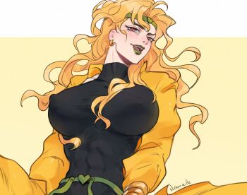 Rule 34 | 1girl, abs, black shirt, blonde hair, breasts, buckle, commentary, compression shirt, covered abs, covered erect nipples, dio brando, english commentary, fangs, genderswap, genderswap (mtf), green lips, headband, heart, heart-shaped buckle, highres, jacket, jewelry, jojo no kimyou na bouken, large breasts, lipstick, long hair, makeup, noquelle, pants, red eyes, shirt, solo, stardust crusaders, wavy hair, yellow jacket, yellow pants