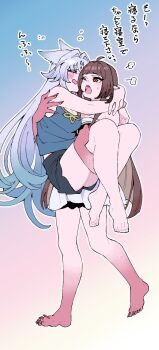 2girls ahoge angry animal_ears arm_around_back arm_around_neck ayunyan_pere barefoot blunt_bangs breasts brown_hair carrying carrying_person cleavage closed_eyes colored_extremities dress ears_back feixiao_(honkai:_star_rail) fingernails full_body green_hair grey_hair hair_intakes hashtag-only_commentary highres honkai:_star_rail honkai_(series) hug lingsha_(honkai:_star_rail) long_hair long_toenails multiple_girls one_eye_closed open_mouth orange_eyes princess_carry puff_of_air shirt shorts sleepy sleeveless sleeveless_shirt toenails toes very_long_hair walking
