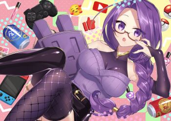 1girl asymmetrical_legwear belt_buckle blush braid bridal_gauntlets buckle can character_request commentary_request controller drink_can emoji eyelashes game_controller hair_intakes heart highres kan'yu_(citron_82) long_hair mole open_mouth original poke_ball purple_eyes purple_hair semi-rimless_eyewear single_braid solo spoken_thumbs_up