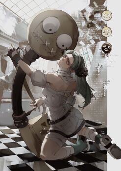 1girl a.b.a bandaged_leg bandages belt black_belt black_gloves boots ceiling checkered_floor commentary crop_top english_commentary english_text fingerless_gloves full_body gloves green_boots green_eyes green_hair guilty_gear guilty_gear_strive hairband highres holding_strap indoors johndoormap key key_in_head long_hair looking_at_viewer looking_back lyrics midriff_sarashi multiple_expressions object_through_head on_one_knee oversized_object paracelsus_(guilty_gear) sarashi shirt shorts single_fingerless_glove stitched_mouth stitches tile_ceiling tiles white_hairband white_shirt white_shorts