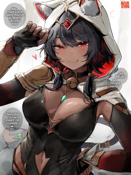 1girl alterkyon animal_ear_fluff animal_ears artist_name asymmetrical_hair black_gloves black_hair breasts cat_ears cat_girl cat_tail cleavage clothing_cutout commentary dark-skinned_female dark_skin english_commentary english_text fingerless_gloves gloves hand_on_own_hip highres hood hood_up large_breasts long_hair looking_at_viewer low_twintails navel navel_cutout original prostitution red_eyes smile solo speech_bubble tail twintails